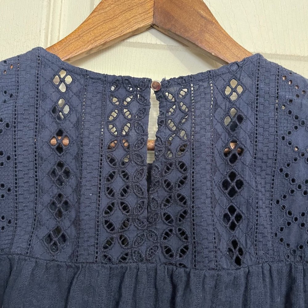 Ella Moss Women's Blue Gauze Eyelet Short Sleeve Bohemian Peasant Blouse Small - Picture 6 of 9